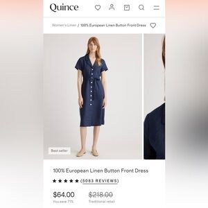 Quince Navy Button-Front Linen Midi Dress